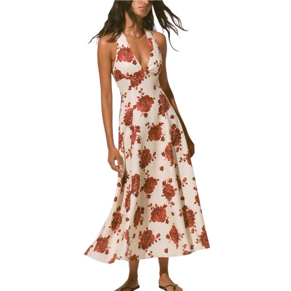 Faithfull The Brand Linen Marais Midi Dress  Cecile Floral Garnet Size 6 - Picture 2 of 16